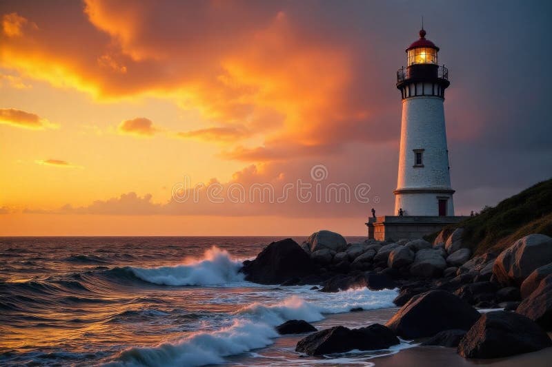 Iconic California Lighthouse at Sunset An iconic, weathered lighthouse standing tall on a rugged California coastline. The sky is royalty free illustration