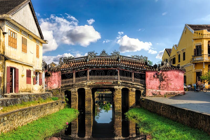 Iconic Japanese bridge in the old town of the ancient city of Hoi An Vietnam