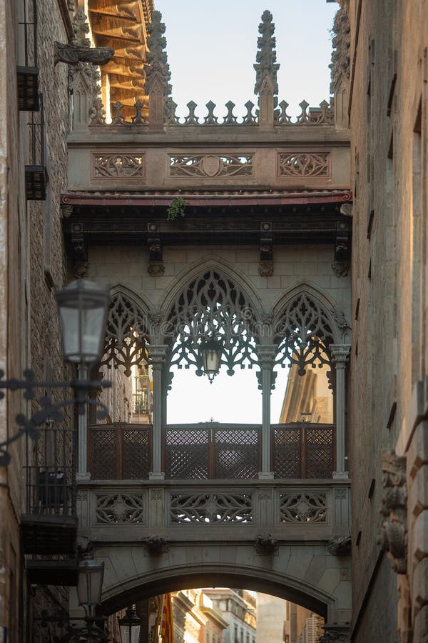 Iconic neo gothic bridge pont del bisbe barcelona zdjęcie royalty free