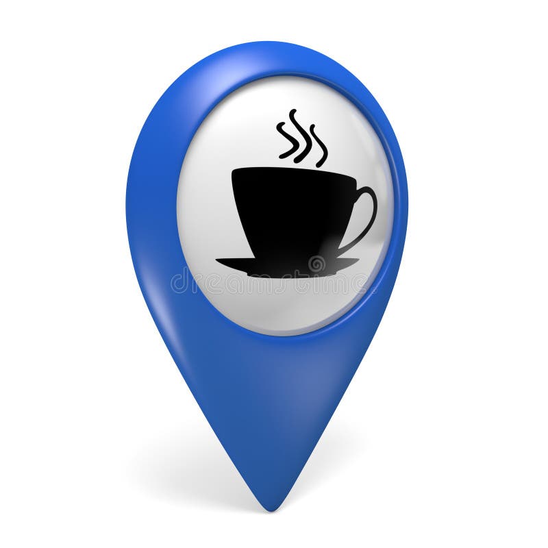 Icono azul del indicador 3D del mapa con un símbolo de la taza de café para los cafés y los bistros libre illustration Icono azul del indicador 3D del mapa con un símbolo de la taza de café para los cafés y los bistros libre illustration