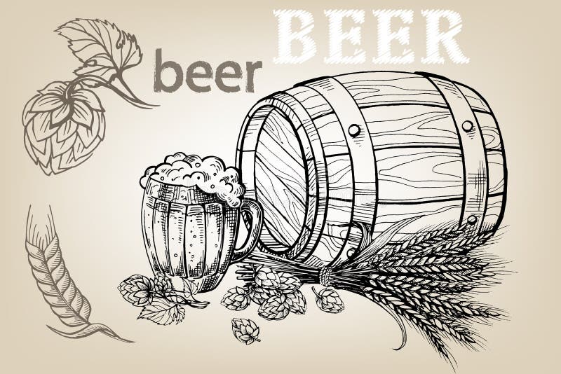 Icono con la taza, cerveza, saltos, barril stock de ilustración