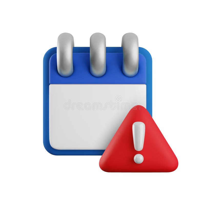 Icono de alerta de calendario 3d de dibujos animados. Renuncia realista del calendario espiral azul con signo de exclamación de ad stock de ilustración