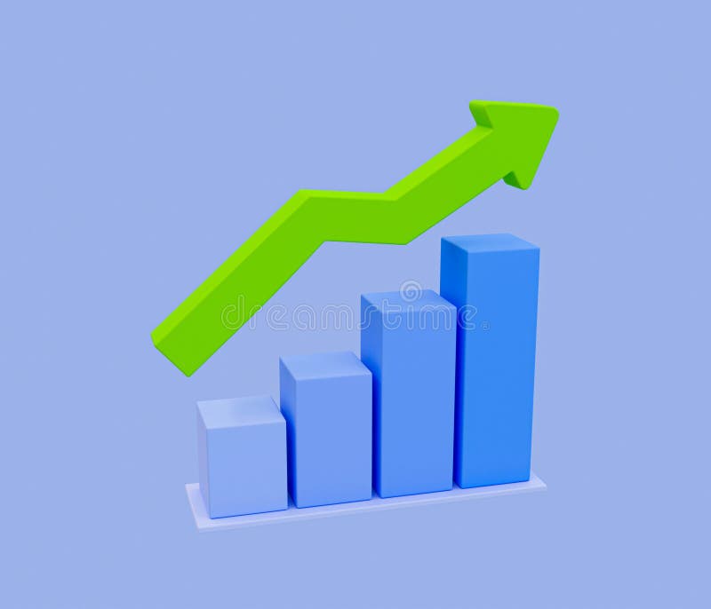 Icono de análisis de datos de 3 d. finanzas en alza. acumulación de acciones. moneda de refuerzo. un gráfico de barras con una fle stock de ilustración