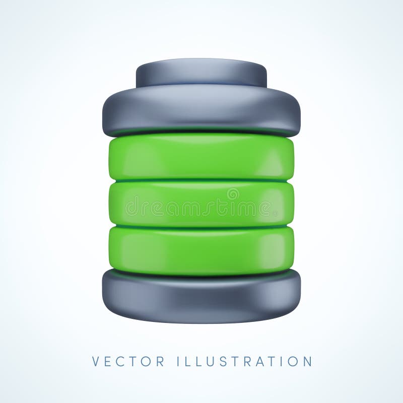 Icono de batería de carga completa 3d. rendimento realista lindo del acumulador de alto nivel de energía verde. cargo stock de ilustración
