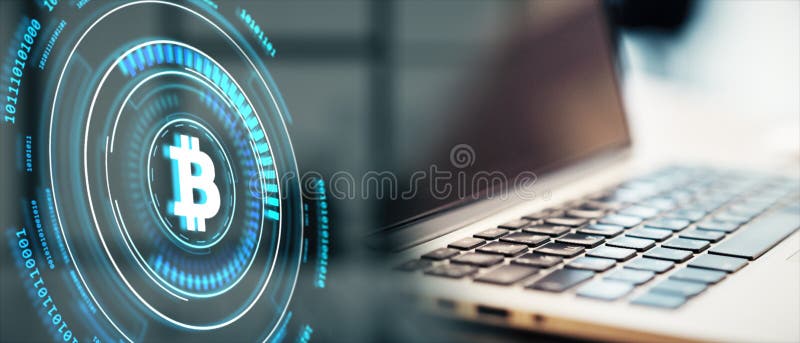 Icono de bitcoin en estilo holográfico digital futurista junto a un teclado portátil en un fondo borroso fotos de archivo libres de regalías