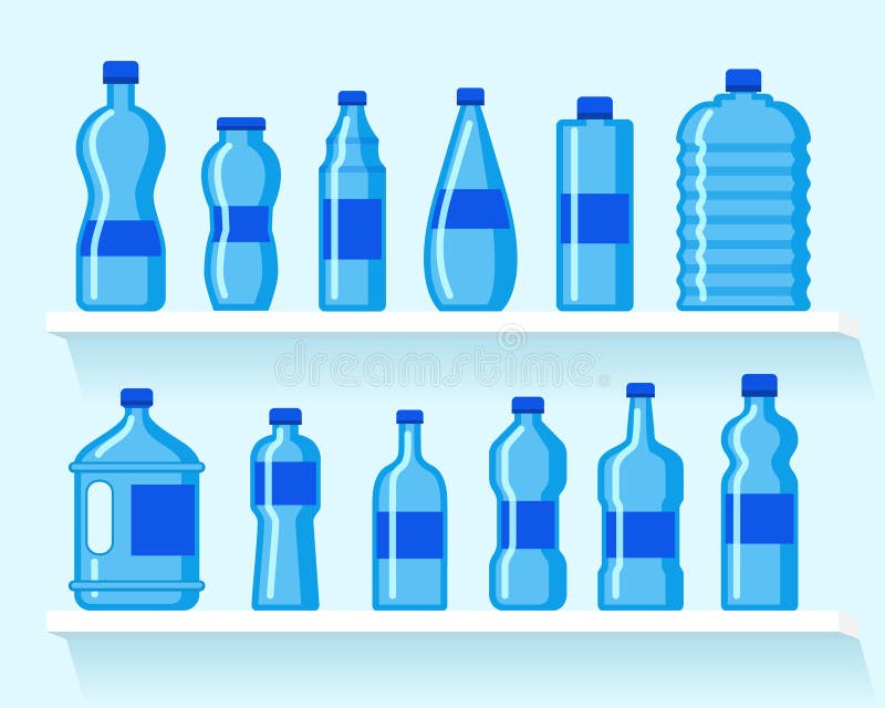  Icono De Botella De Agua De Plástico. Conjunto De Siluetas Del Frasco De Bebidas Del Recipiente Líquido Azul. Botellas De Dibujos Ilustración del Vector