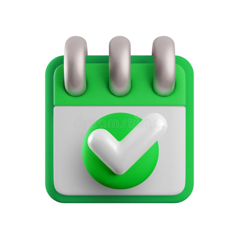 Icono de calendario 3d de la caricatura vectorial. Representación realista del calendario espiral con marca de verificación verde. ilustración del vector