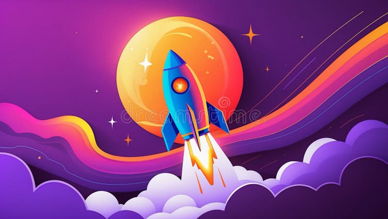 Icono de cohete moderno que se eleva hacia arriba a estrella brillante en un cielo con gradiente vibrante que evoca el enfoque y e ilustración del vector