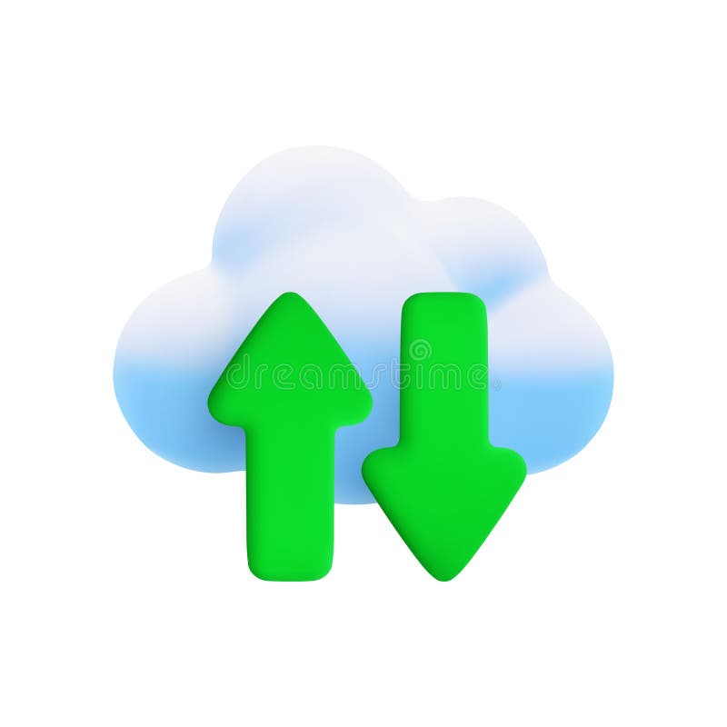 Icono de computación en nube 3d de dibujos animados vectoriales. representación realista de las flechas de carga y descarga en ver stock de ilustración