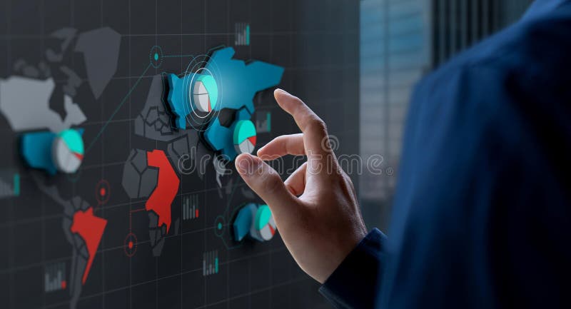 Icono de cuota de mercado táctil de hombre de negocios en la pantalla de mapa mundial foto de archivo Icono de cuota de mercado táctil de hombre de negocios en la pantalla de mapa mundial foto de archivo