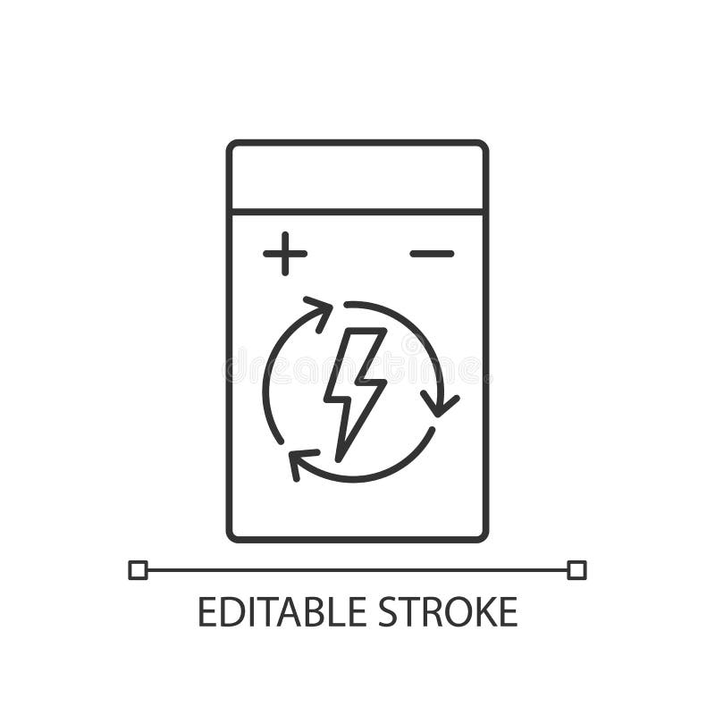 Rechargeable lithium polymer battery linear manual label icon. Thin line customizable illustration. Contour symbol. Vector isolated outline drawing for product use instructions. Editable stroke. Rechargeable lithium polymer battery linear manual label icon. Thin line customizable illustration. Contour symbol. Vector isolated outline drawing for product use instructions. Editable stroke