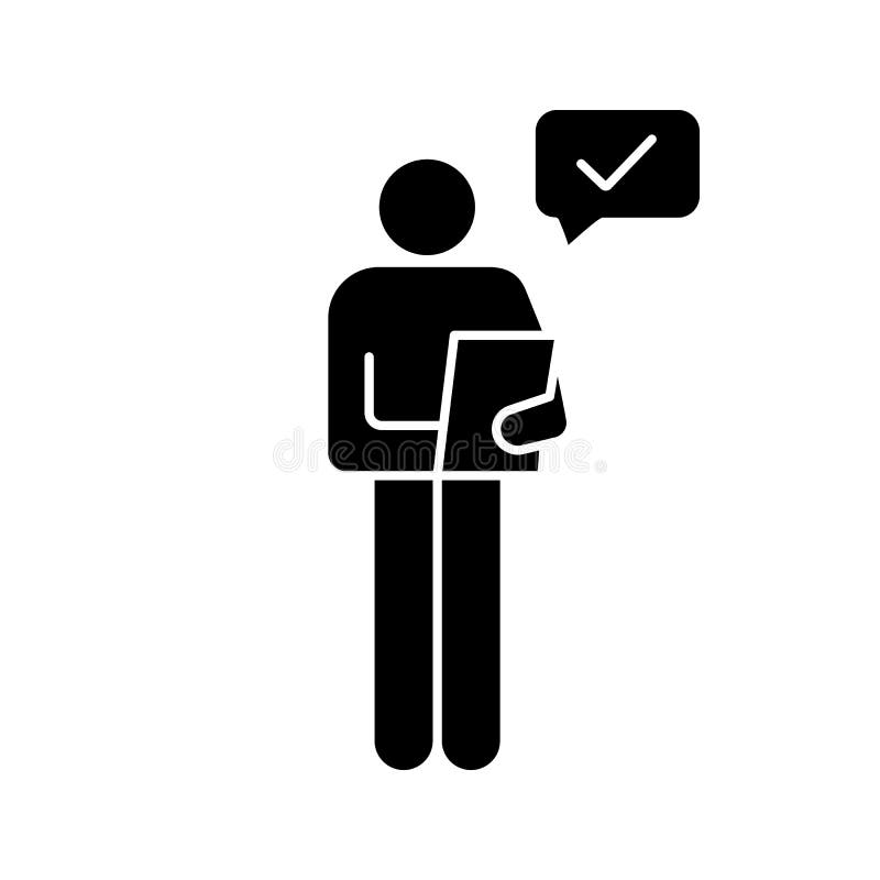 Person checking document glyph icon. Manager. Good news or results. Silhouette symbol. Personal recommendation. HR manager reading resume. Successfully tested. Vector isolated illustration. Person checking document glyph icon. Manager. Good news or results. Silhouette symbol. Personal recommendation. HR manager reading resume. Successfully tested. Vector isolated illustration