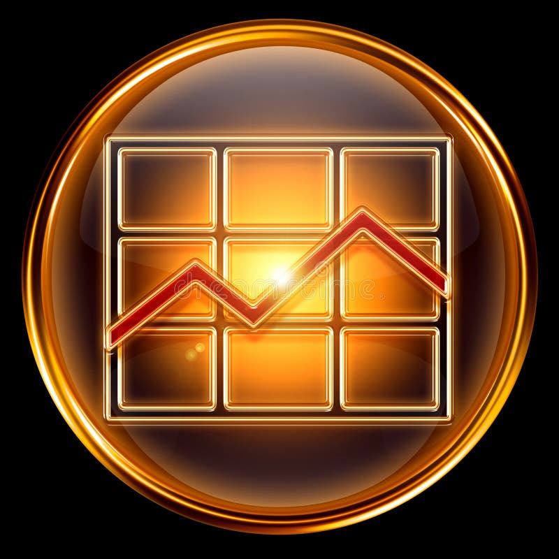 Graph icon golden, isolated on black background. Graph icon golden, isolated on black background