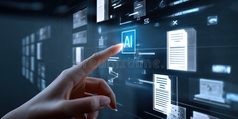 Icono de IA con toque manual en pantalla de interfaz digital futurista imagenes de archivo