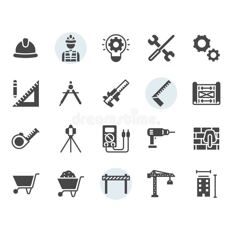 Icono de ingeniería y conjunto de símbolos en el diseño de glifos