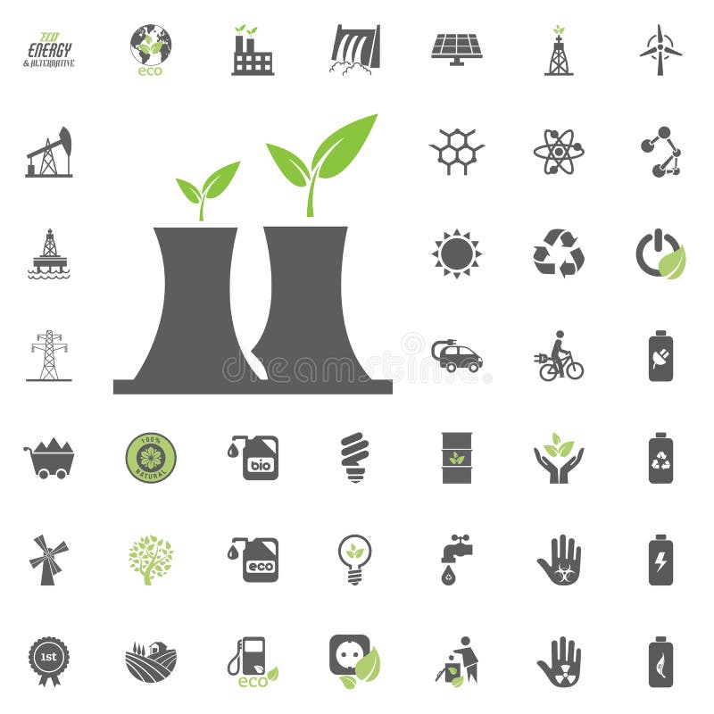 Icono de la central nuclear Sistema del icono del vector de Eco y de la energía alternativa Vector determinado del recurso de pod libre illustration Icono de la central nuclear Sistema del icono del vector de Eco y de la energía alternativa Vector determinado del recurso de pod libre illustration