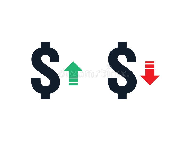 Icono de la disminución del aumento del dólar El símbolo del dinero con la flecha que estira alzarse y el descenso bajan abajo Ve ilustración del vector