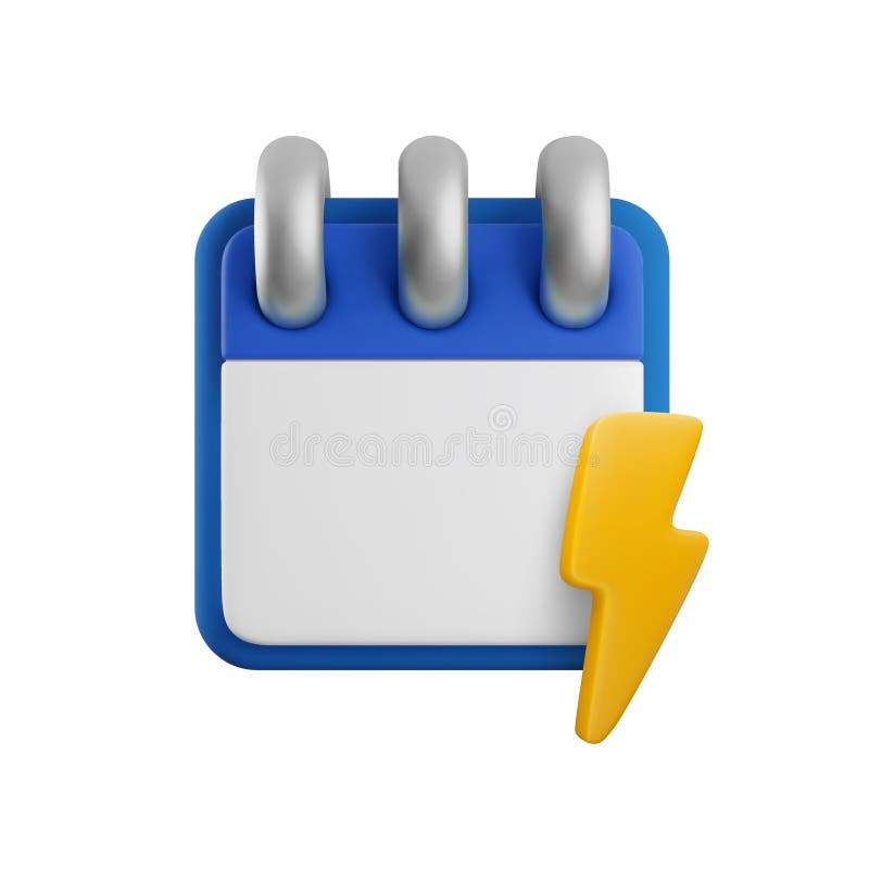 Icono de la venta flash del calendario 3d de dibujos animados. Rentabilidad realista del calendario espiral con relámpago. Planifi ilustración del vector