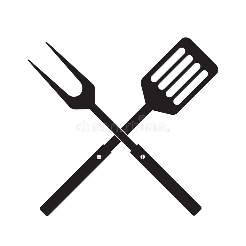 Icono de las herramientas del Bbq o de la parrilla Bifurcación cruzada de la barbacoa con la espátula ilustración del vector