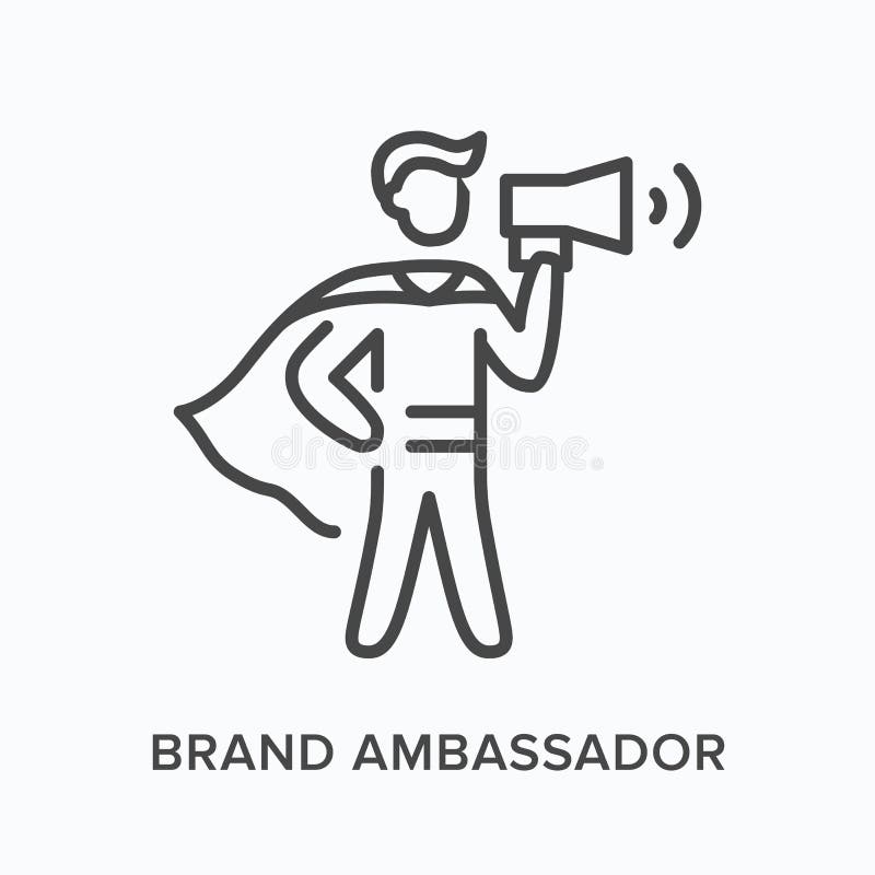 Icono de línea plana de embajador de marca. ilustración de esquema vectorial del héroe de liderazgo con megáfono. influencia delga