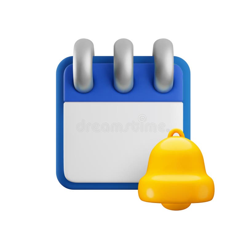 Icono de recordatorio de calendario 3d de dibujos animados. Renuncia realista del calendario espiral con timbre de alerta. Program ilustración del vector