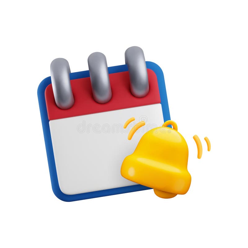 Icono de recordatorio de calendario 3d de dibujos animados. Representación realista del calendario de llamadas con timbre de alert stock de ilustración