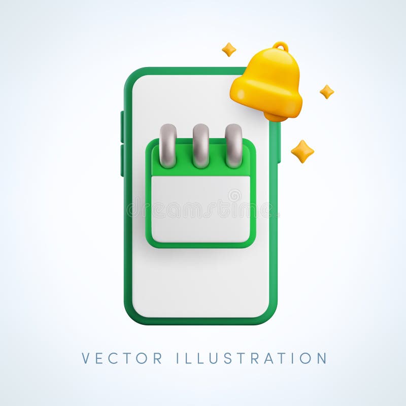 Icono de recordatorio de calendario móvil 3d de dibujos animados. Representación realista del calendario y del timbre de alerta en libre illustration