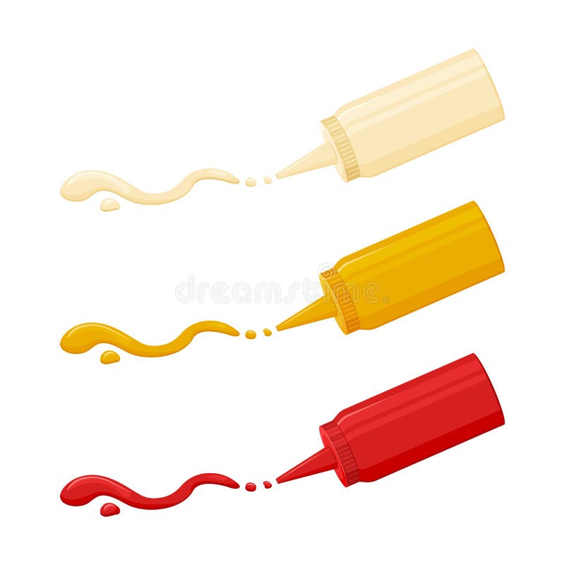 Icono de salsa mayonesa mostaza y ketchup. salsa picante envasada en botella de plástico. vector libre illustration