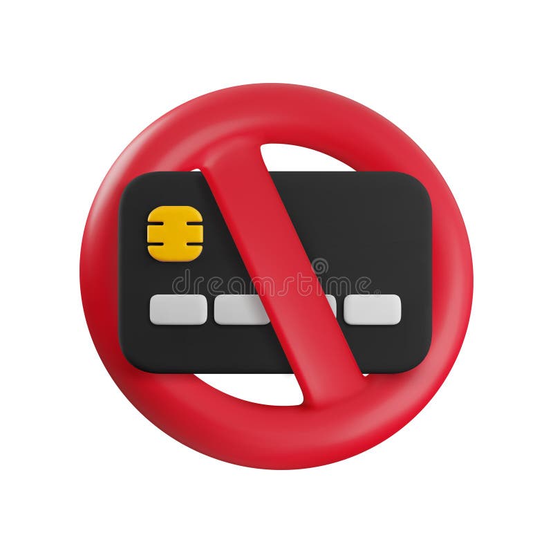 Icono de tarjeta de crédito bloqueada 3d. Representación 3d realista de la tarjeta de débito negra en la señal de prohibición del libre illustration