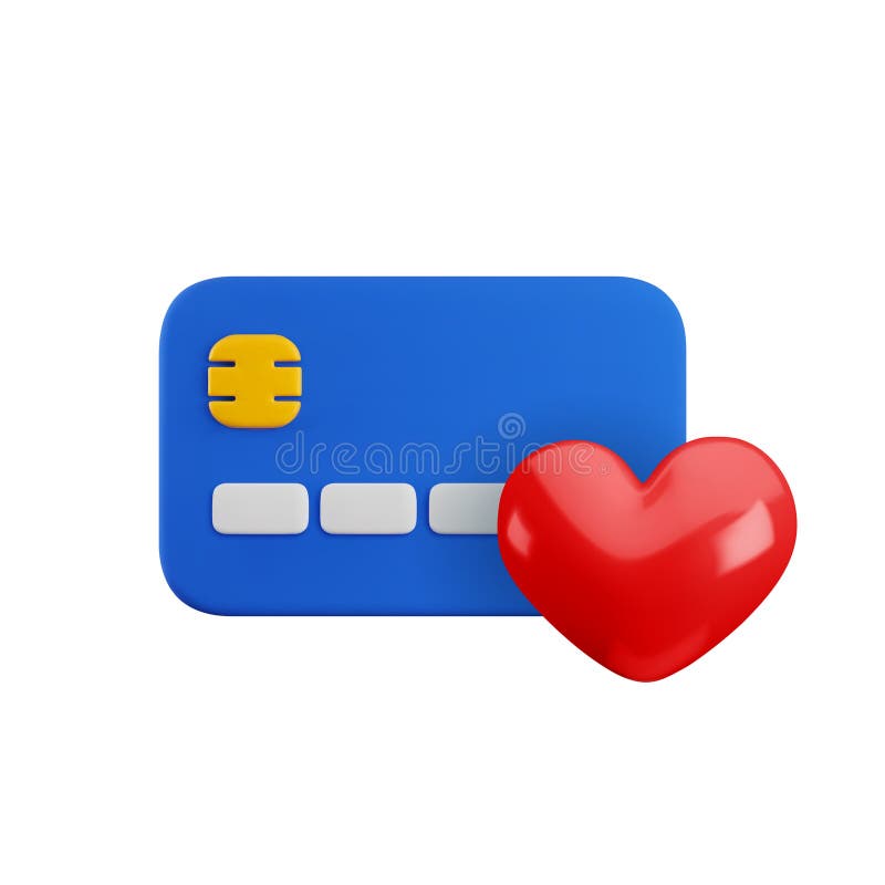 Icono de tarjeta de crédito favorita 3d. Representación 3d realista de la tarjeta de débito azul con corazón rojo. Caridad de tarj libre illustration