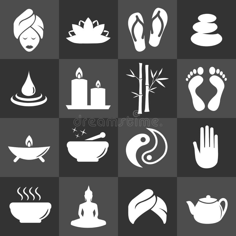 Icono del balneario del masaje de la belleza fijado - el bambú, pies, meditación, té, se relaja, equilibra, cosmético stock de ilustración