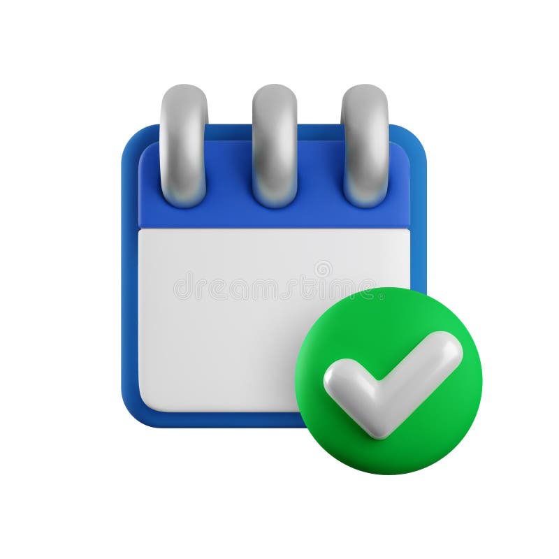 Icono del calendario 3d de la caricatura vectorial. Representación realista del calendario espiral con marca de verificación verde stock de ilustración
