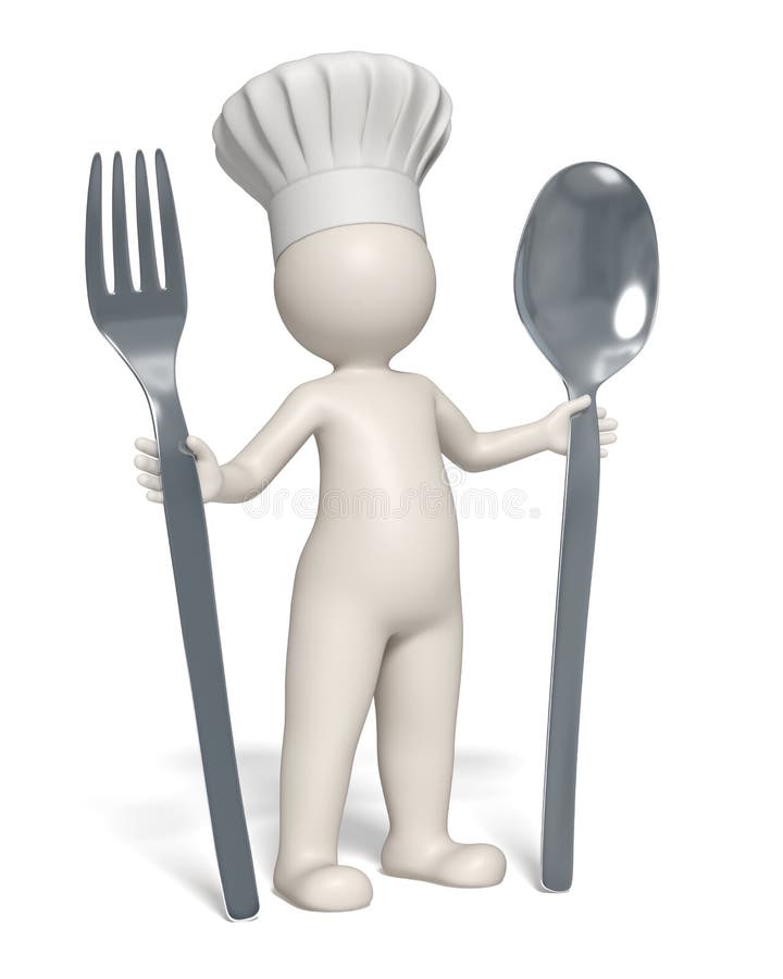 3d rendered restaurant symbol - Chef standing with fork and spoon in his hands - Image on white background with soft shadows. 3d rendered restaurant symbol - Chef standing with fork and spoon in his hands - Image on white background with soft shadows