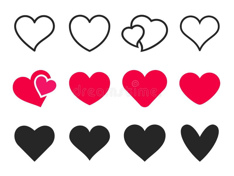 Icono del corazón del amor Corazones de amor, gusto rojo y sistema romántico precioso de los iconos del vector del esquema