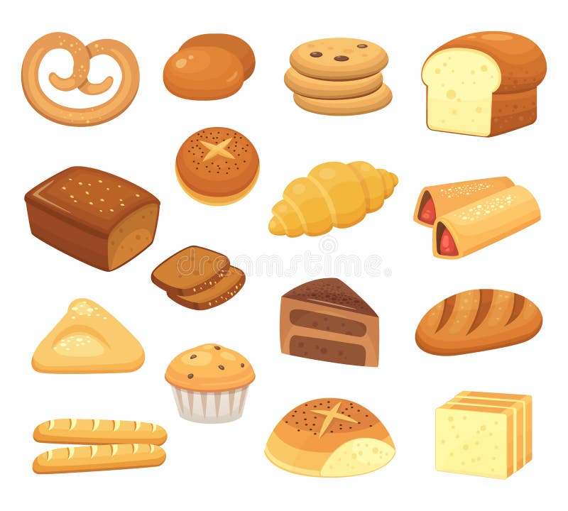 Icono del pan de la historieta Panes y rollos Rollo francés, tostada del desayuno y rebanada dulce de la torta Iconos del vector stock de ilustración