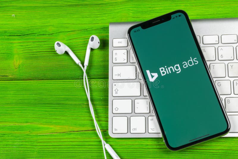 Sankt-Petersburg, Russia, June 2, 2018: Bing application icon on Apple iPhone X screen close-up. Bing ads app icon. Bing ads is online advertising application. Social media network. Sankt-Petersburg, Russia, June 2, 2018: Bing application icon on Apple iPhone X screen close-up. Bing ads app icon. Bing ads is online advertising application. Social media network.