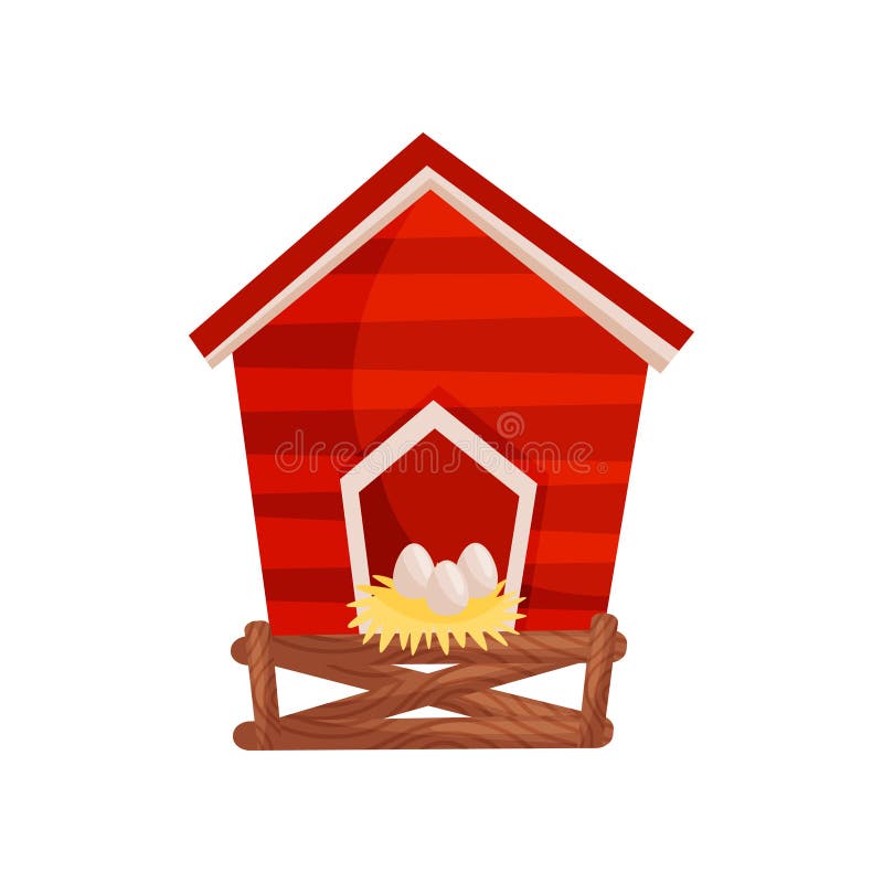 Icono del vector de la historieta del gallinero de pollo rojo brillante, huevos frescos en la casa de madera de la jerarquía para stock de ilustración Icono del vector de la historieta del gallinero de pollo rojo brillante, huevos frescos en la casa de madera de la jerarquía para stock de ilustración