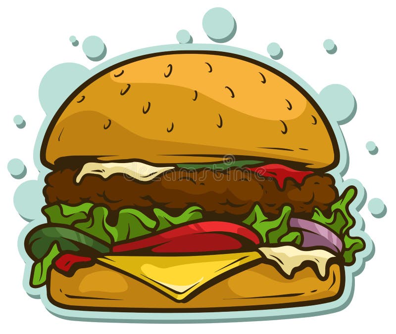 Icono grande sabroso de la etiqueta engomada del vector de la hamburguesa de la historieta