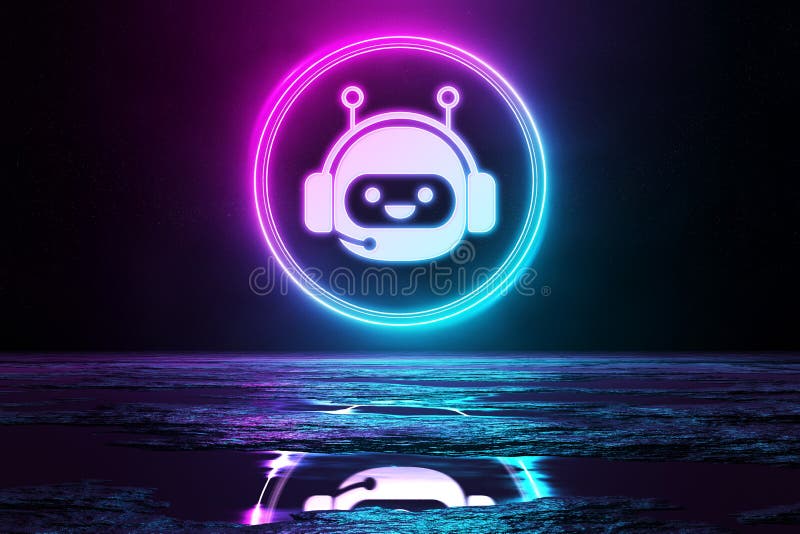 Icono holográfico de chatbot digital iluminando el suelo con luz de neón azul y rosa 3d representación stock de ilustración