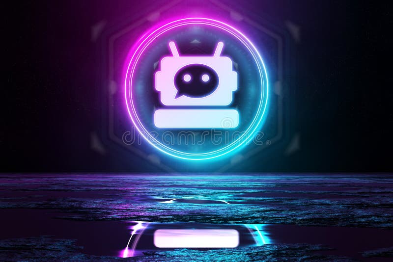 Icono holográfico de chatbot digital iluminando el suelo con luz de neón azul y rosa 3d representación ilustración del vector