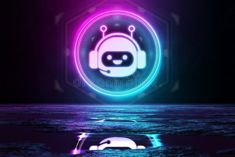 Icono holográfico de chatbot digital iluminando el suelo con luz de neón azul y rosa 3d representación libre illustration