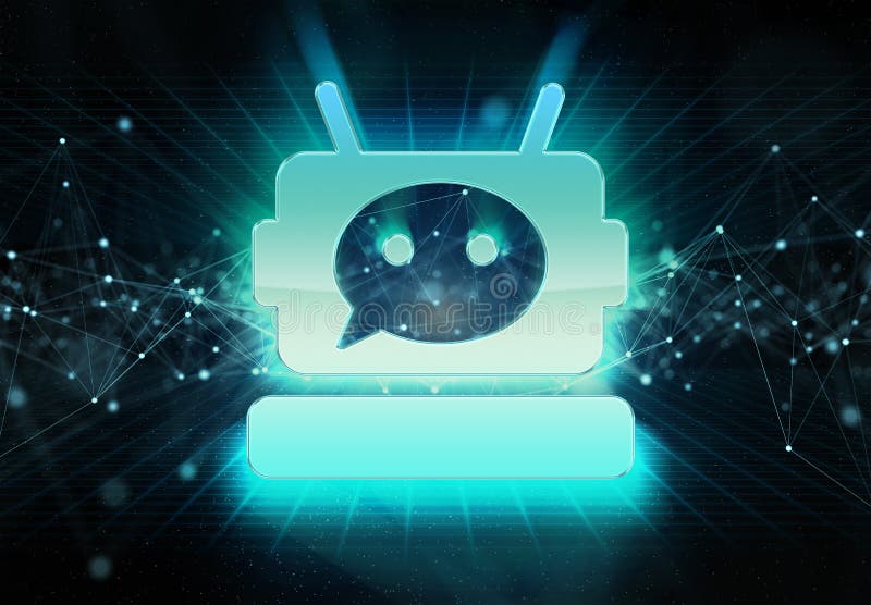 Icono holográfico de chatbot digital reventando en azul y verde luz de neón 3d representación libre illustration