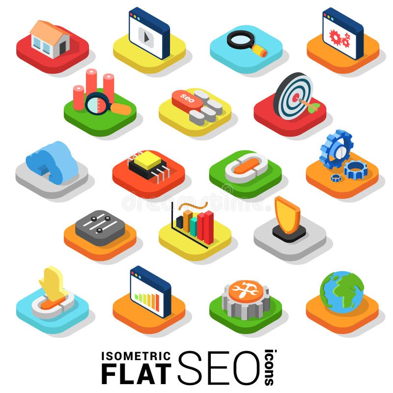 Icono isométrico plano de la optimización del Search Engine de 3d SEO ilustración del vector Icono isométrico plano de la optimización del Search Engine de 3d SEO ilustración del vector