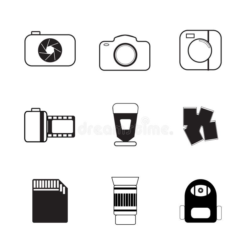 Icono plano, colección de la cámara en blanco y negro ilustración del vector Icono plano, colección de la cámara en blanco y negro ilustración del vector