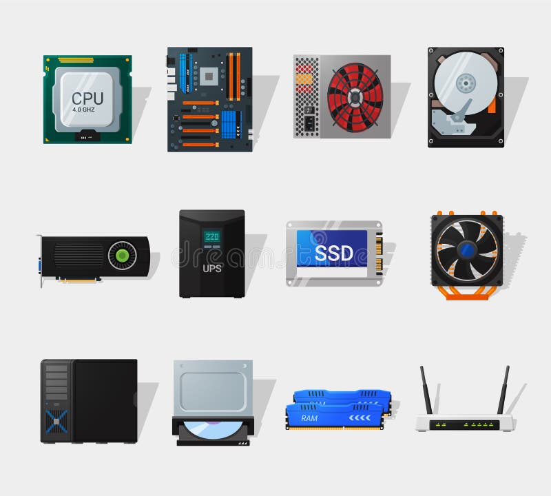 Computer hardware icons in flat style. Detailed flat style. Different computer parts. CPU, motherboard, HDD, SSD and video card. Computer hardware icons in flat style. Detailed flat style. Different computer parts. CPU, motherboard, HDD, SSD and video card.