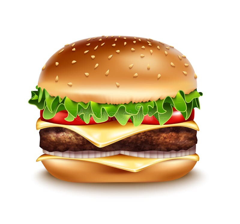 Icono realista de la hamburguesa del vector Cheeseburger clásico del americano de la hamburguesa
