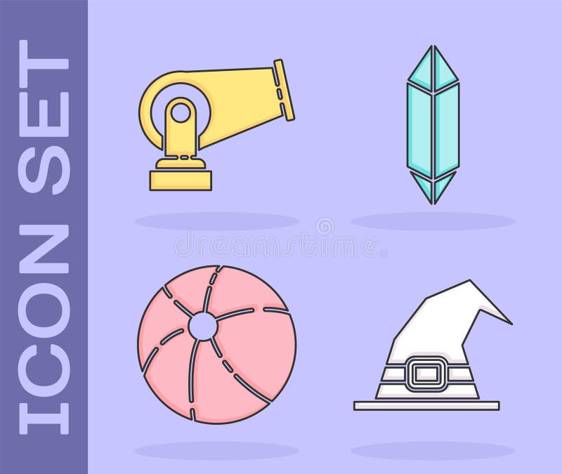 Icono Set Witch hat, Cannon, Beach ball y Magic stone Vector libre illustration