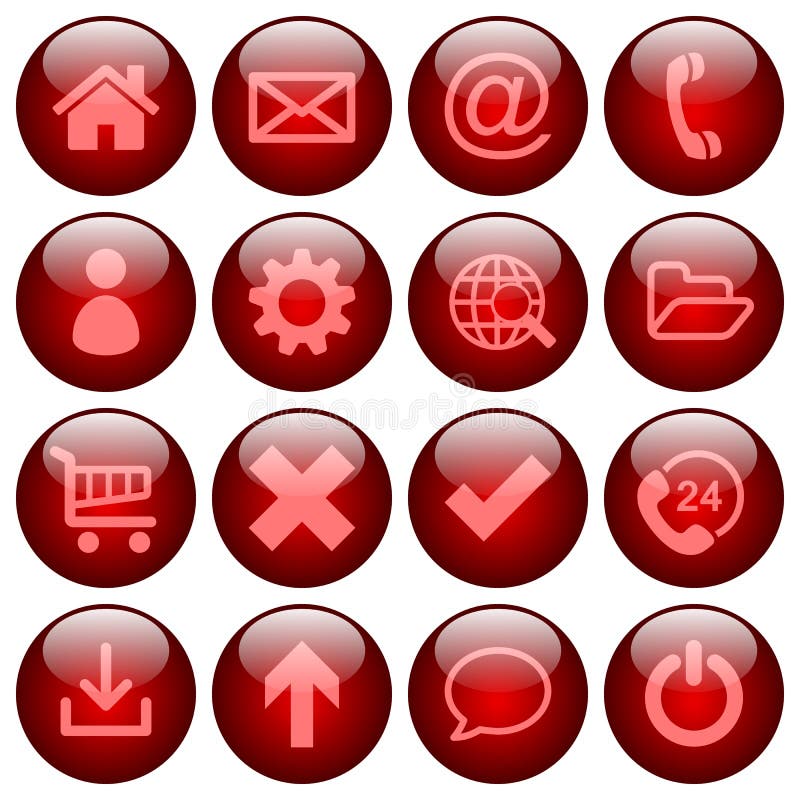 Icono web básico establecido en botones rojos brillantes redondos stock de ilustración