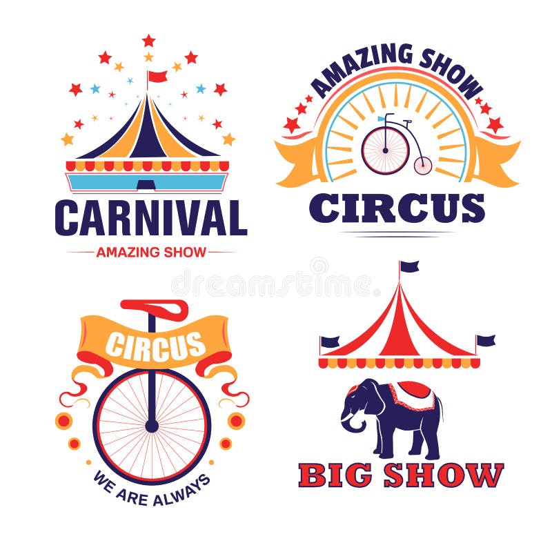 Carnival and circus show invitation, badges and labels vector. Show and festival event, tent and bicycle, unicycle and elephant, isolated icons. Festival or fair ground emblem or logo, entertainment. Carnival and circus show invitation, badges and labels vector. Show and festival event, tent and bicycle, unicycle and elephant, isolated icons. Festival or fair ground emblem or logo, entertainment