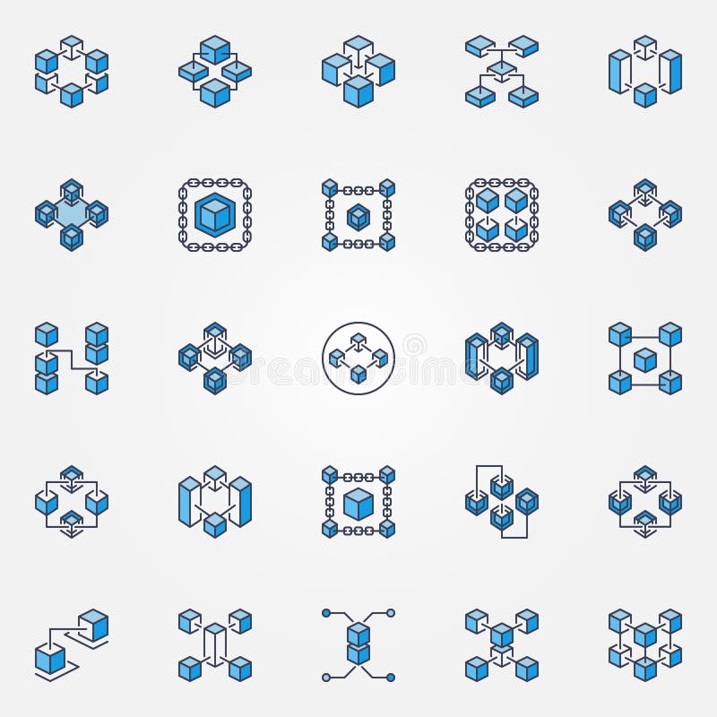 Iconos azules del vector de Blockchain fijados Muestras de la tecnología de la cadena de bloque libre illustration Iconos azules del vector de Blockchain fijados Muestras de la tecnología de la cadena de bloque libre illustration
